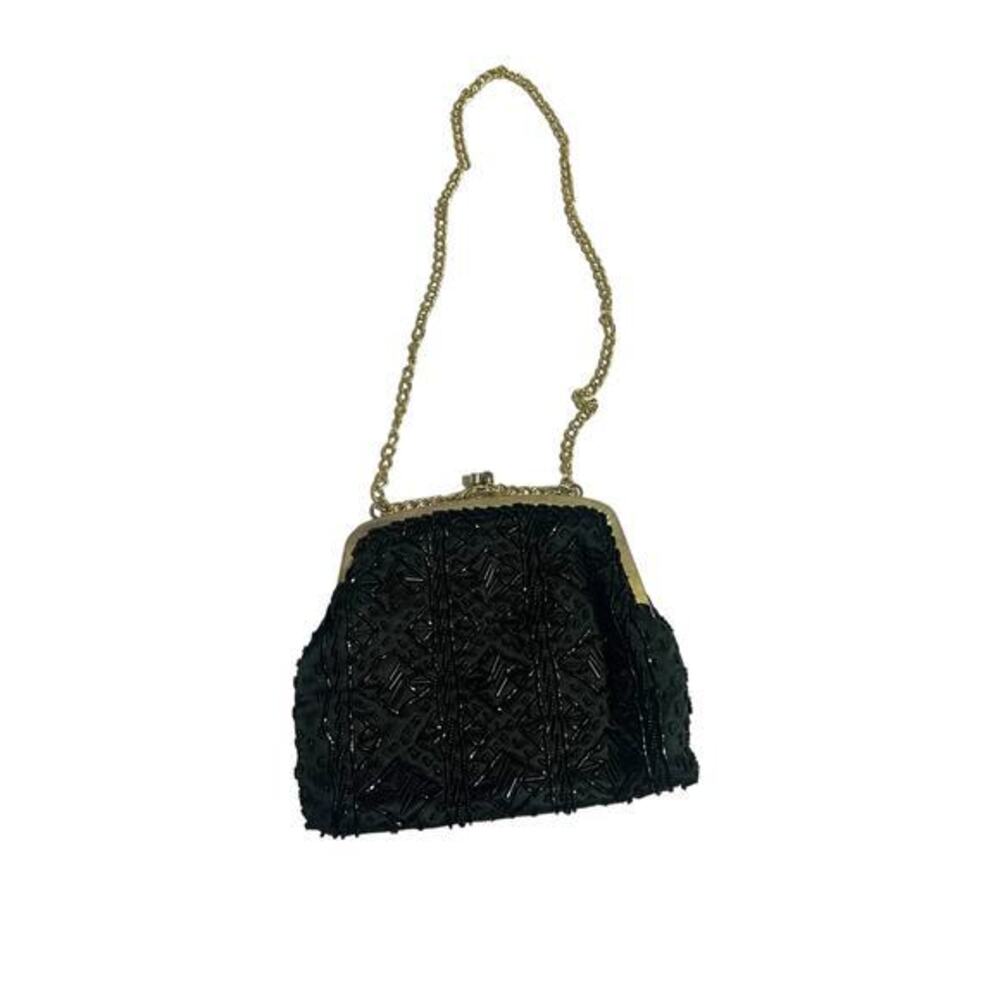 Beaded Black Formal Purse Chain Strap Snap Closure Small Shoulder Bag Handbag